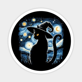Vintage Scary Halloween Black Cat Costume Witch Hat Moon Magnet